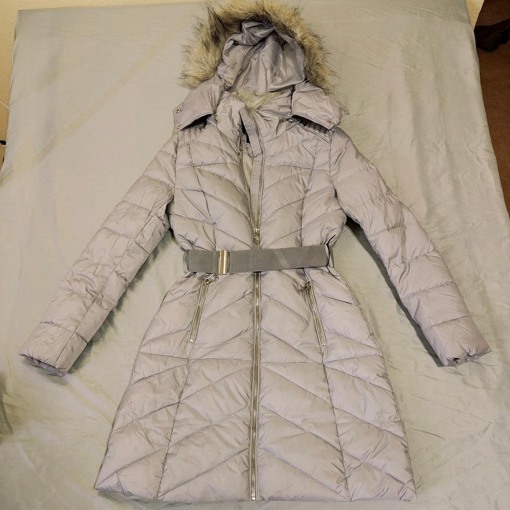 Nanette Lepore Womens Grey Puffer Coat Faux Fur Hood Belted Size XS